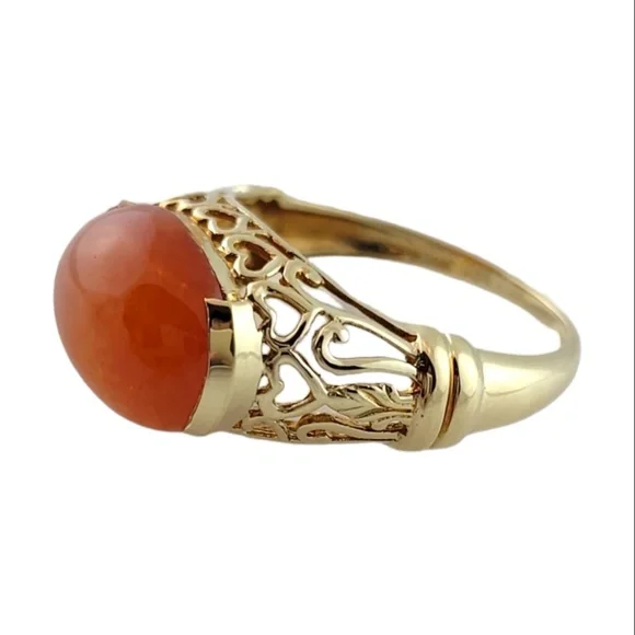 14K Yellow Gold Orange Jadeite Ring Size 8.25 #15889